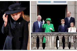 Prințesa Charlotte, alături de fratele ei, Prințul George, la funeralii. Mulți spun că e leită Regina Elisabeta în copilărie