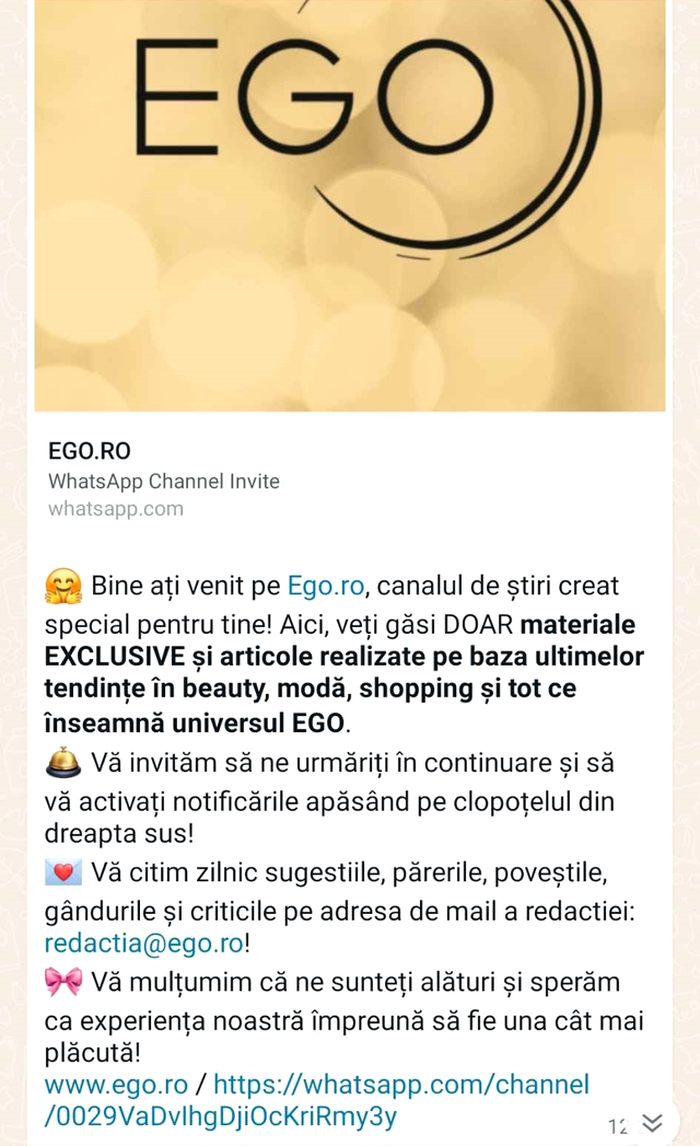 Ego.ro a lansat canalul de WhatsApp. Abonează-te pentru cele mai bune interviuri și reportaje, dar și povești cu și despre tine
