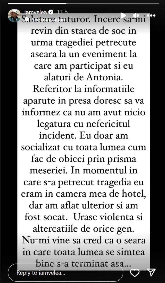 Prima reacție a lui Alex Velea, după crima de la Padina. Artistul e șocat