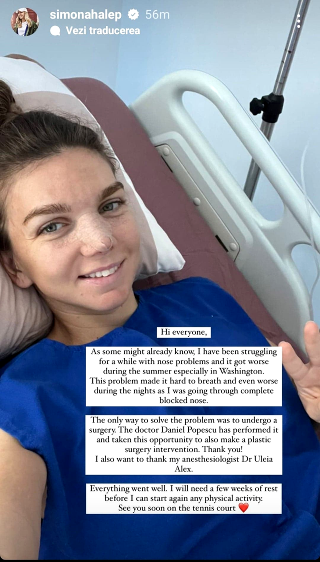 Simona Halep, prima imagine după rinoplastie