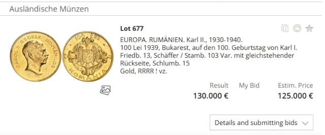 Moneda din Romania care s-a vandut in Germania cu 130.000 de euro