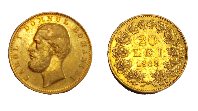 Moneda de 20 de lei de aur a lui Carol I