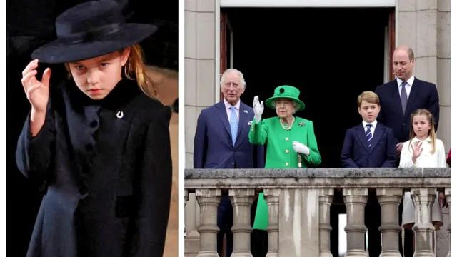 Prințesa Charlotte, alături de fratele ei, Prințul George, la funeralii. Mulți spun că e leită Regina Elisabeta în copilărie
