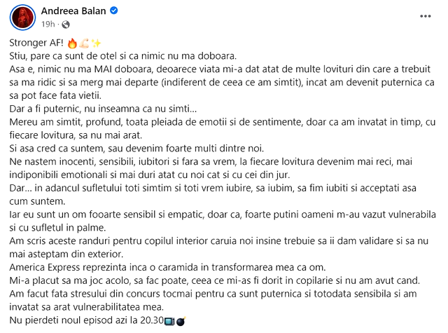 Mesajul postat de Andreea Bălan