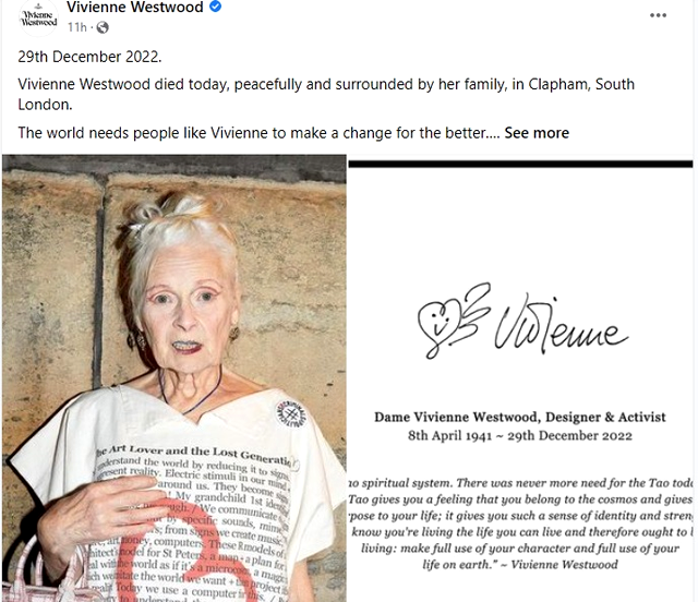 Mesajul transmis de familia creatoarei de modă Vivienne Westwood 