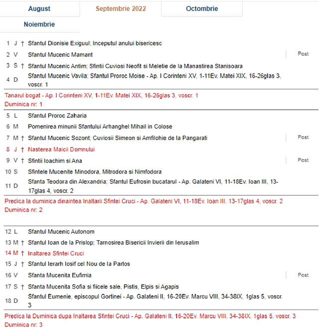 Calendar ortodox septembrie 2022