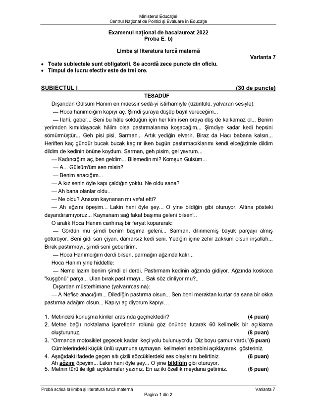 Subiecte BAC 2022 sesiunea de toamnă la limba maternă