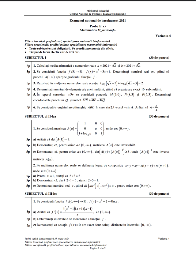 Ce subiecte au picat la Bacalaureat la matematică în ultimii ani