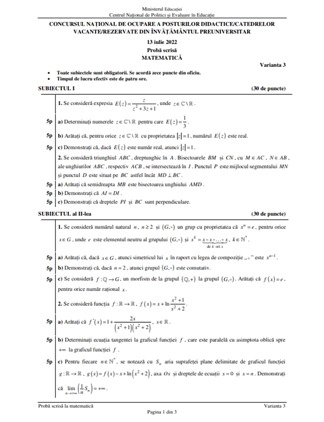 Subiecte Titularizare 2022 - Matematică