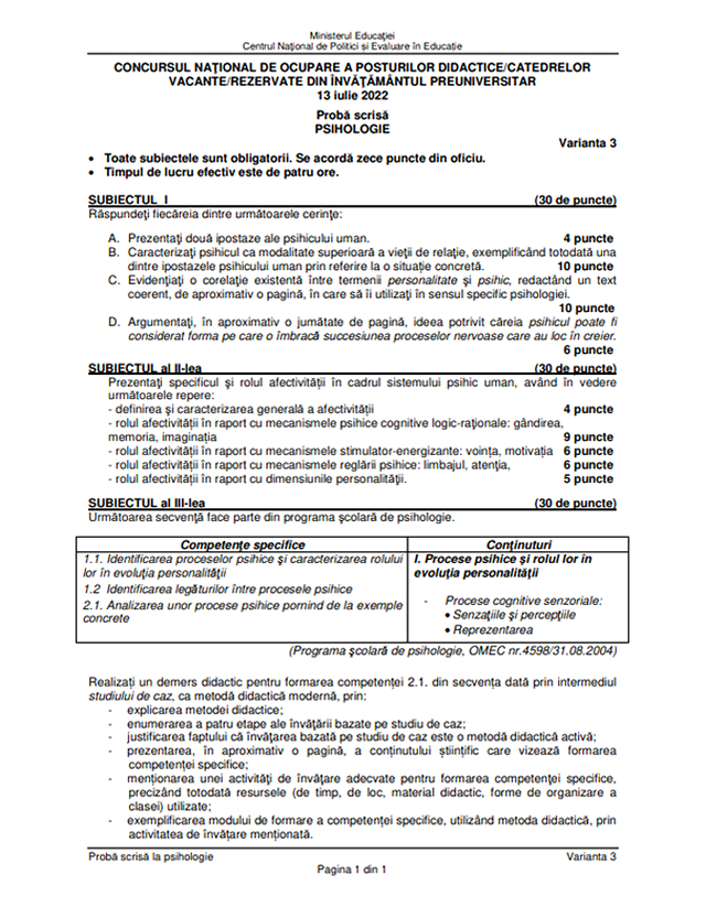 Subiecte Titularizare 2022 - Psihologie