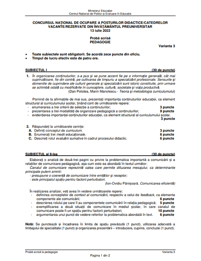 Subiecte Titularizare 2022 - Pedagogie