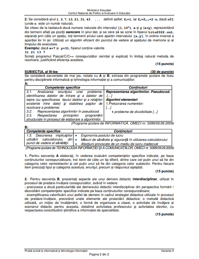 Subiecte Titularizare 2022 - Informatică
