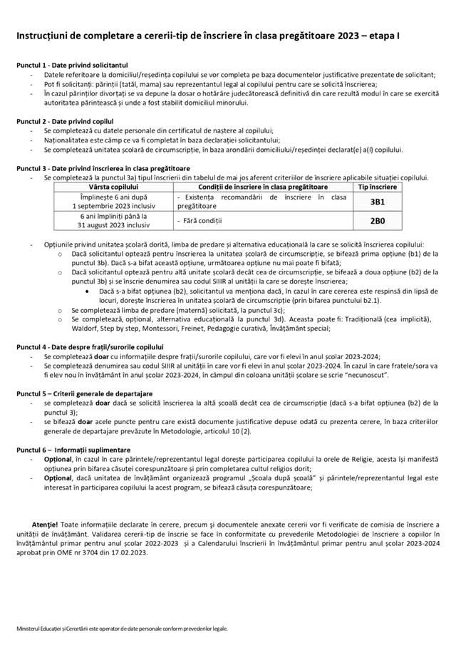 Înscrierea în clasa pregătitoare 2023-2024
