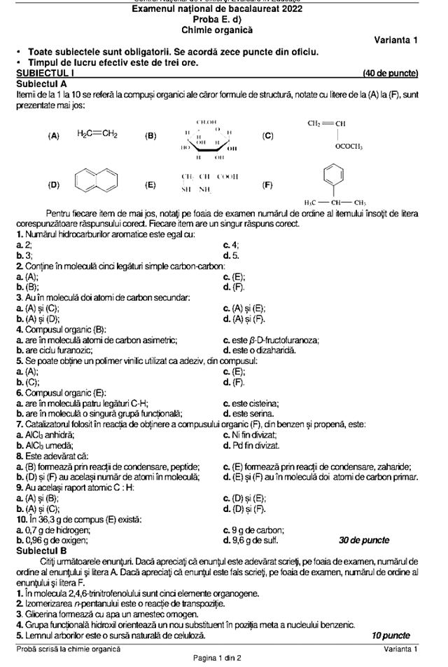 Subiecte chimie organică