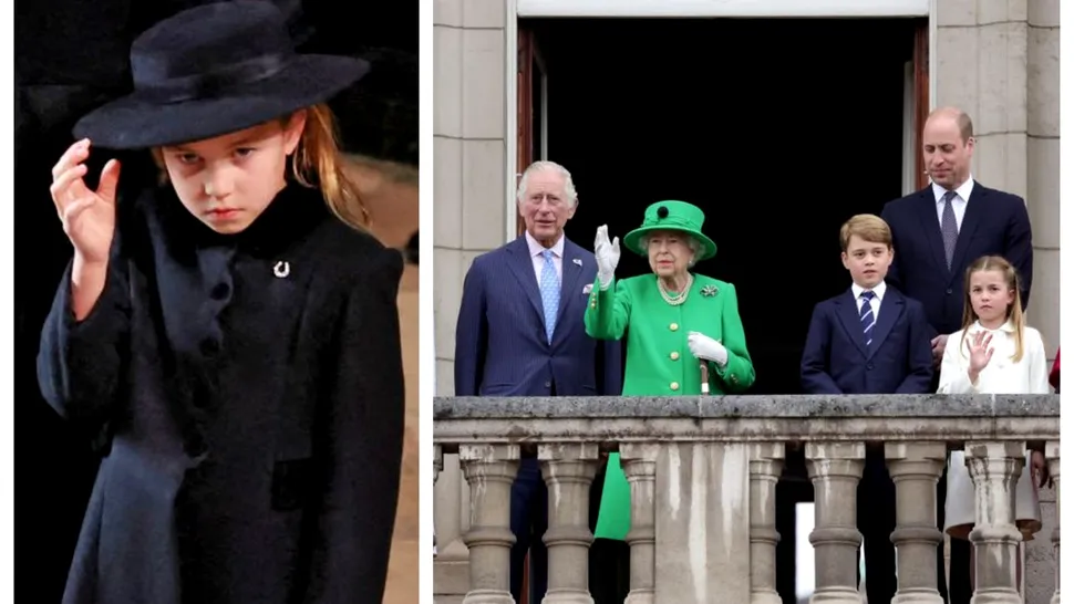 Prințesa Charlotte, alături de fratele ei, Prințul George, la funeralii. Mulți spun că e leită Regina Elisabeta în copilărie